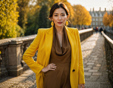 photo of beautiful asian woman with yellow suit and scarf standing at street and bridge in the morning, generative AIの素材