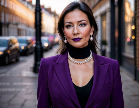photo of beautiful woman with black turtleneck and bold purple suit and purple trouser standing at street in the morning, generative AIの素材