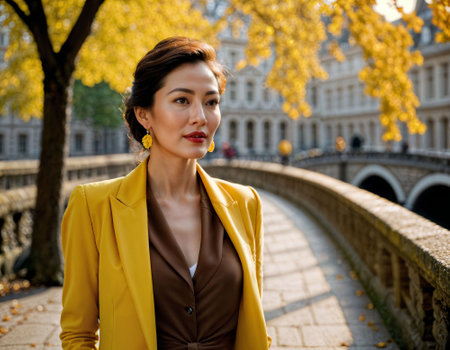 photo of beautiful asian woman with yellow suit and scarf standing at street and bridge in the morning, generative AIの素材