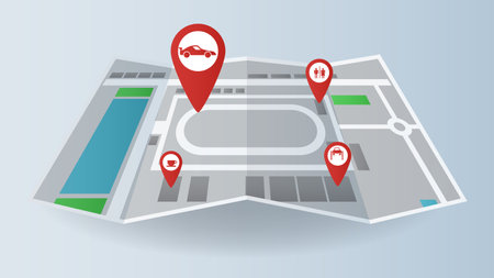 flat background of location city racetrack map fold page printing with red pin race car iconのイラスト素材