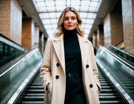 photo of beautiful woman with winter coat standing in front of escalator, generative AIの素材