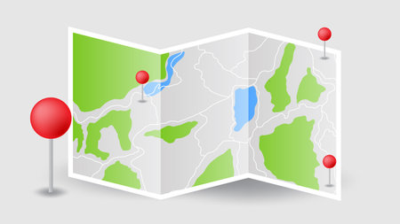 flat background of location route map fold page with red pinsのイラスト素材