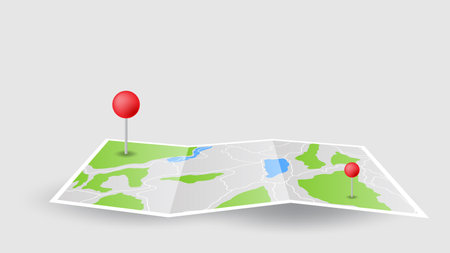 flat background of location route map fold page with red pinsのイラスト素材