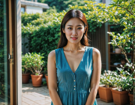photo of beautiful asian woman with print dress inside room fresh house , generative AIの素材