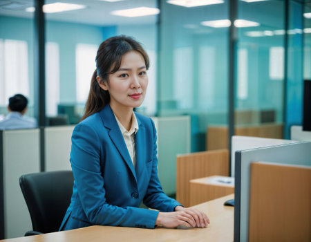 photo of beautiful asian woman inside office meeting room, generative AIの素材