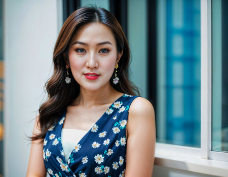 photo of beautiful asian woman with print dress inside room fresh house , generative AIの素材