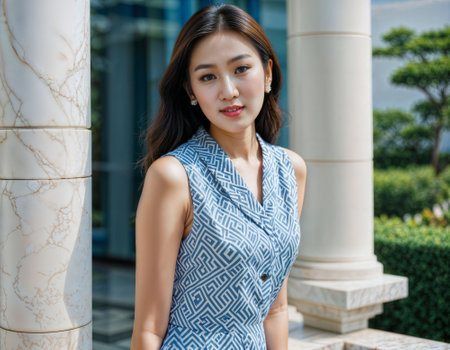 photo of beautiful asian woman with print dress at rooftop fresh garden , generative AIの素材