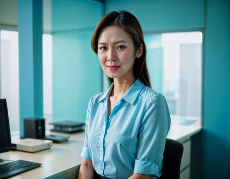 photo of beautiful asian woman inside office meeting room, generative AIの素材