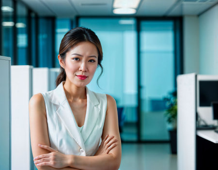 photo of beautiful asian woman inside office meeting room, generative AIの素材