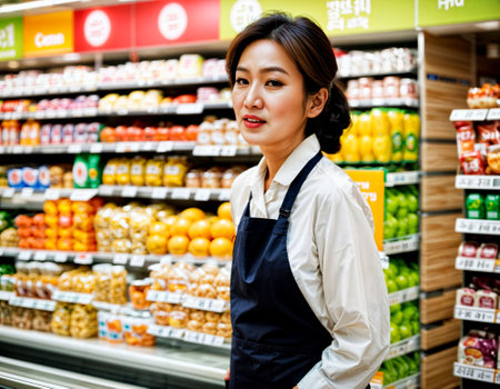 photo of beautiful asian woman as a employee at convenience store , generative AIの素材