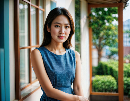 photo of beautiful asian woman with print dress inside room fresh house , generative AIの素材