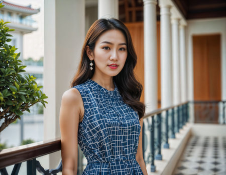 photo of beautiful asian woman with print dress at rooftop fresh garden , generative AIの素材