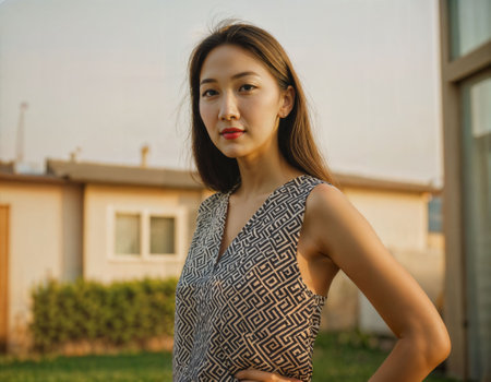 photo of beautiful asian woman with print dress standing at backyard her resident, generative AIの素材