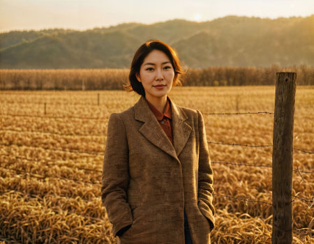 photo of beautiful asian woman standing with farm field in background at the morning, generative AIの素材