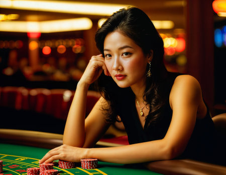 photo of beautiful asian woman as a gambler at grand casino, generative AIの素材