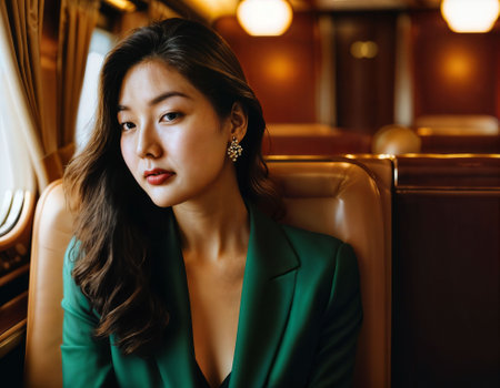 photo of beautiful asian woman sitting in luxury hi speed train, generative AIの素材