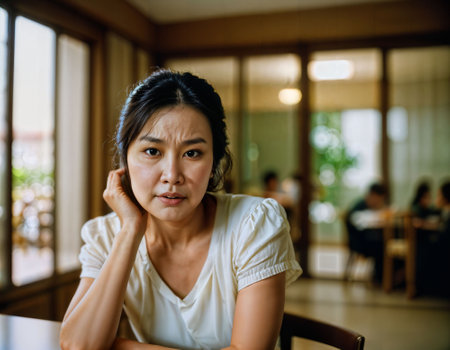 photo of beautiful asian woman as a wife with curious face feeling at kitchenroom, generative AIの素材