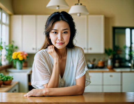 photo of beautiful asian woman as a happy wife at kitchenroom, generative AIの素材