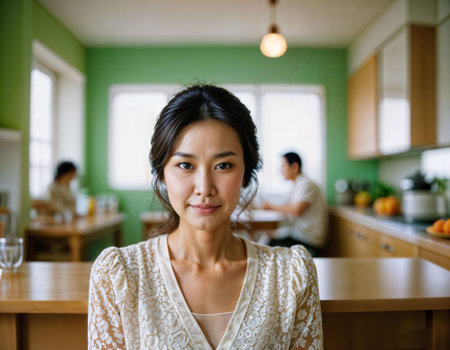 photo of beautiful asian woman as a happy wife at kitchenroom, generative AIの素材