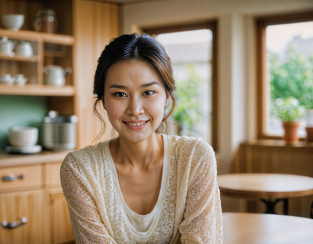 photo of beautiful asian woman as a happy wife at kitchenroom, generative AIの素材