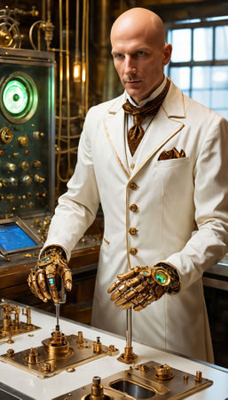 photo of cyborg steampunk man in apocalyptic world, generative AIの素材