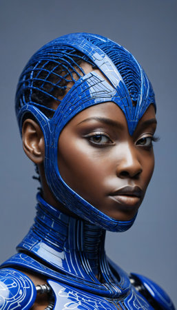 photo of african cyborg woman with white armor and blue porcelain lines on grey background, generative AIの素材