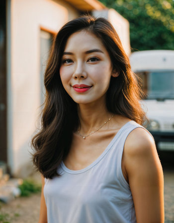 photo of beautiful asian woman with sunset light near truck, generative AIの素材