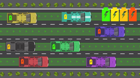 illustration top view flat color of pick up truck car vehicle with battery E.V. status iconのイラスト素材