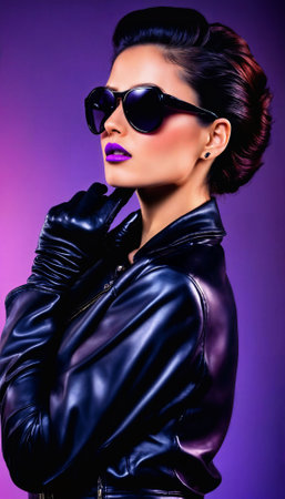 photo of middle aged woman with glasses and leather suit jacket standing against pink background, generative AIの素材
