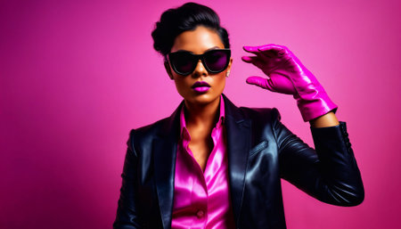 photo of middle aged woman with leather suit jacket and hand gloves standing against pink background, generative AIの素材