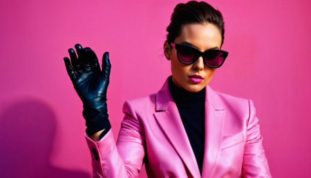 photo of middle aged woman with leather suit jacket and hand gloves standing against pink background, generative AIの素材