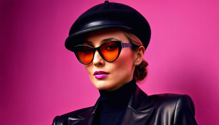 photo of middle aged woman with leather suit jacket and hand gloves and beret hat and glasses standing against pink background, generative AIの素材