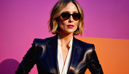 photo of middle aged woman with leather suit jacket and hand gloves standing against pink background, generative AIの素材