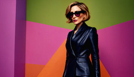 photo of middle aged woman with leather suit jacket and hand gloves standing against pink background, generative AIの素材