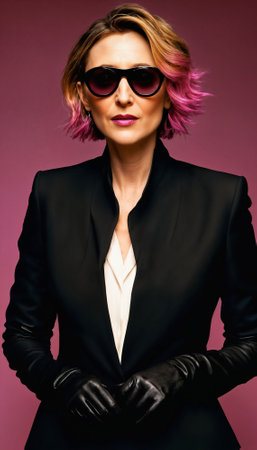 photo of middle aged woman with glasses and leather suit jacket standing against pink background, generative AIの素材