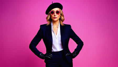 photo of middle aged woman with leather suit jacket and hand gloves and beret hat and glasses standing against pink background, generative AIの素材