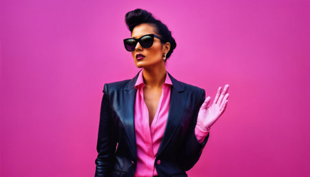 photo of middle aged woman with leather suit jacket and hand gloves standing against pink background, generative AIの素材
