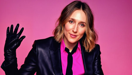 photo of middle aged woman with leather suit jacket and hand gloves standing against pink background, generative AIの素材