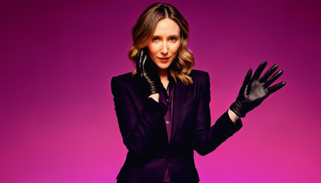 photo of middle aged woman with leather suit jacket and hand gloves standing against pink background, generative AIの素材