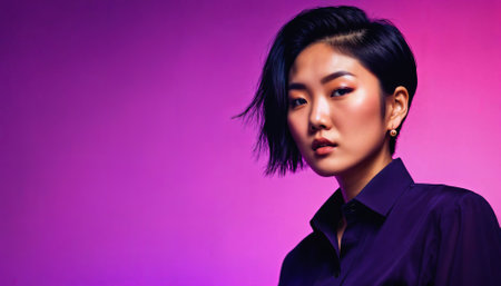photo of asian woman as a mafia gang member standing against pink background, generative AIの素材