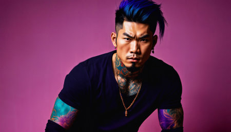 photo of asian man as a mafia gang member standing against pink background, generative AIの素材