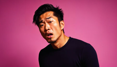 photo of asian man as a mafia gang member standing against pink background, generative AIの素材