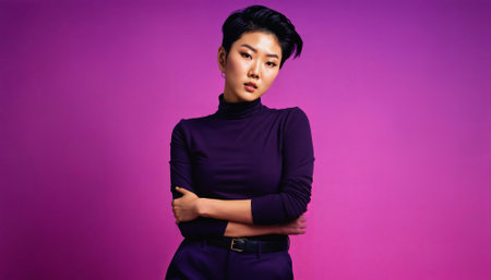 photo of asian woman as a mafia gang member standing against pink background, generative AIの素材