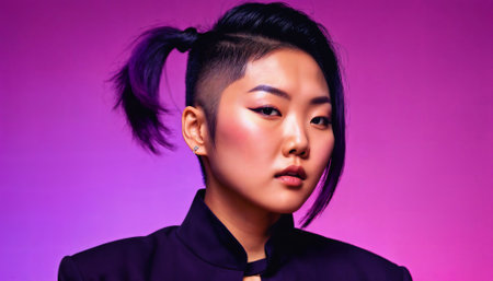 photo of asian woman as a mafia gang member standing against pink background, generative AIの素材