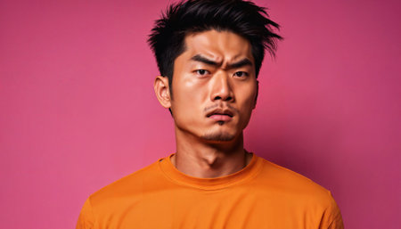 photo of asian man as a mafia gang member standing against pink background, generative AIの素材