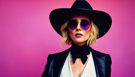 photo of middle aged woman with cowboy hat and glasses standing against pink background, generative AIの素材