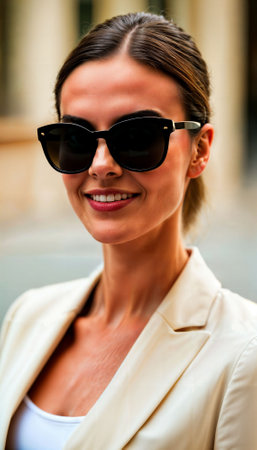 photo of beautiful european woman with beige suit and white crop top at street cafe in france, generative AIの素材