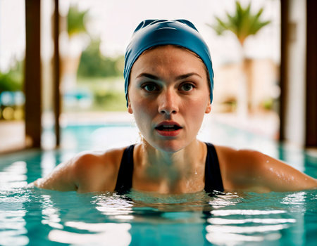 photo of beautiful angry woman as a swimmer with wound and small blood at the indoor swimming pool, generative AIの素材