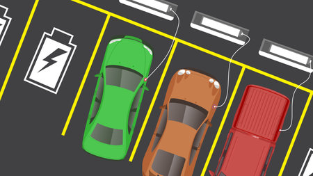 illustration top view flat color of car vehicle with battery E.V. status icon charging stationのイラスト素材