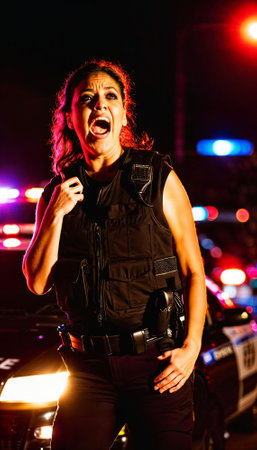 photo of police officer law enforcement standing working on scene with angry feeling at night, generative AIの素材